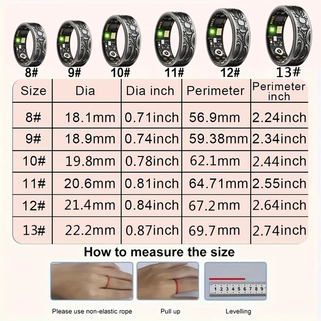 Alt view image 7 of 7 - Smart Ring - Fitness Tracker with Sleep Monitor, Pedometer & 20+ Exercise Modes, IP68 Waterproof, USB Rechargeable, Stainless Steel Retro-Fashion (Black) (13#22.3mm)