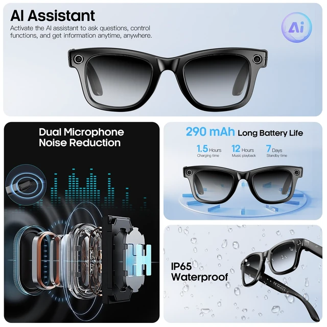 Alt view image 6 of 7 - AI Smart Camera Glasses 8MP Camera for Women Men, 4K Photos & 1080P Video Recording,Anti-Shake, 12H Music/Bluetooth Calls, Real-time Translation/GPT Object Recognition (Photochromic Lenses)