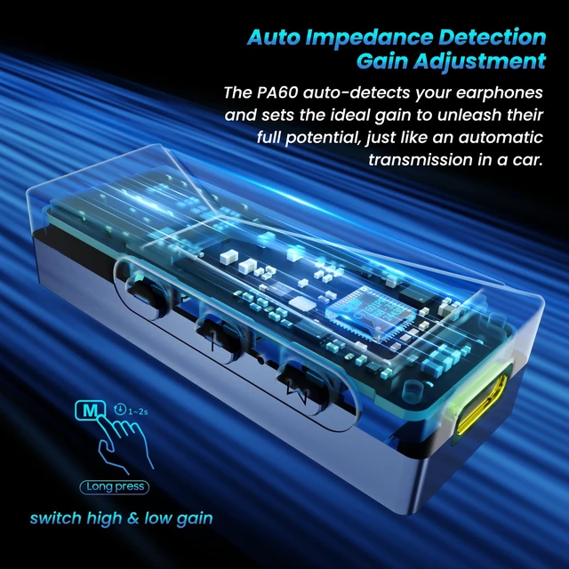 Alt view image 6 of 7 - PA60 Portable USB-C Headphone Amplifier,Mini Decoder DAC Dongle,Blue ESS ES9039Q2M in Ear Monitor AMP, Support PCM32bit/768kHz DSD512 with 3.5mm and 4.4mm Balanced Output for Phone/Music Player