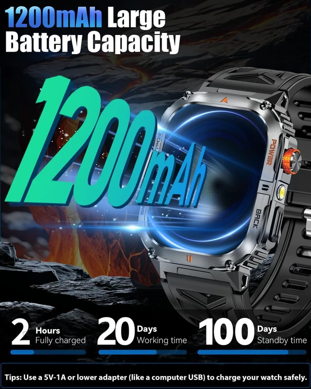 Alt view image 2 of 7 - Military Smarty Watch for Men, 2.01" Smartwatch with 1200mAh Battery, Flashlight, Answer/Make Calls, Heart Rate/Sleep Monitor 100+ Sport Modes Fitness Tracker for Android/iPhone