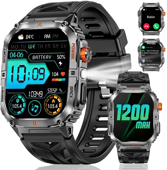 Main image of Military Smarty Watch for Men, 2.01" Smartwatch with 1200mAh Battery, Flashlight, Answer/Make Calls, Heart Rate/Sleep Monitor 100+ Sport Modes Fitness Tracker for Android/iPhone