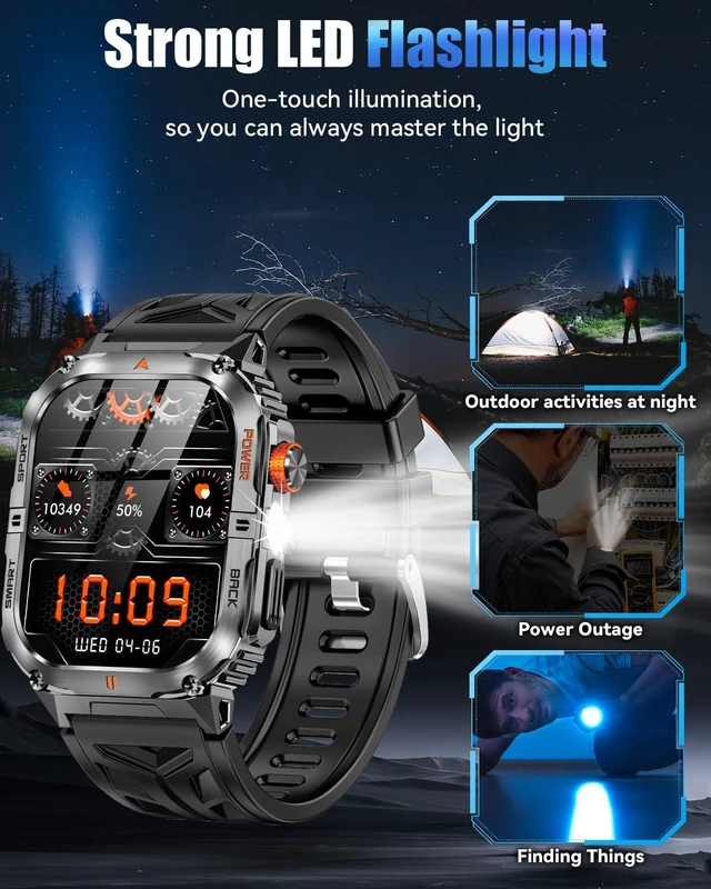 Alt view image 3 of 7 - Military Smarty Watch for Men, 2.01" Smartwatch with 1200mAh Battery, Flashlight, Answer/Make Calls, Heart Rate/Sleep Monitor 100+ Sport Modes Fitness Tracker for Android/iPhone