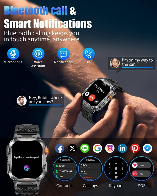 Alt view image 6 of 7 - Military Smarty Watch for Men, 2.01" Smartwatch with 1200mAh Battery, Flashlight, Answer/Make Calls, Heart Rate/Sleep Monitor 100+ Sport Modes Fitness Tracker for Android/iPhone
