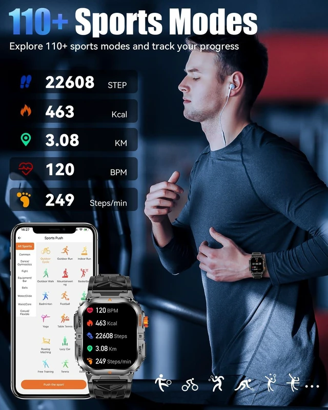 Alt view image 5 of 7 - Military Smarty Watch for Men, 2.01" Smartwatch with 1200mAh Battery, Flashlight, Answer/Make Calls, Heart Rate/Sleep Monitor 100+ Sport Modes Fitness Tracker for Android/iPhone