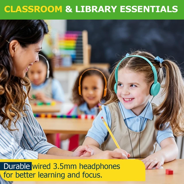 Alt view image 4 of 7 - 50 Pack Kids Wired Swivel Ear Headphones Bulk for K-12 Classroom Individually wrapped Durable, comfortable stackable for easy storage. class set for students