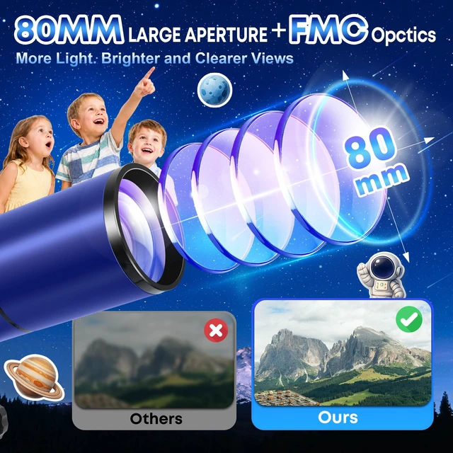Alt view image 3 of 7 - 80mm Telescope for Kids 8-12 & Adults with Pop-Up Space Tent Set Portable Telescopes for Travel, 500mm Refractor Telescope for Adults & Beginners with Tripod, Phone Adapter & Backpack - Blue