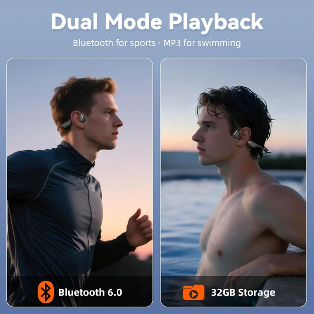 Alt view image 2 of 7 - Bone Conduction Headphones for Swimming Headphones Open Ear Headphones IPX8 Waterproof MP3 Mode 32GB Memory Bluetooth 6.0 Earbuds Stereo 17mm Drivers, 15H Playtime, AI Voice Assistan for Run