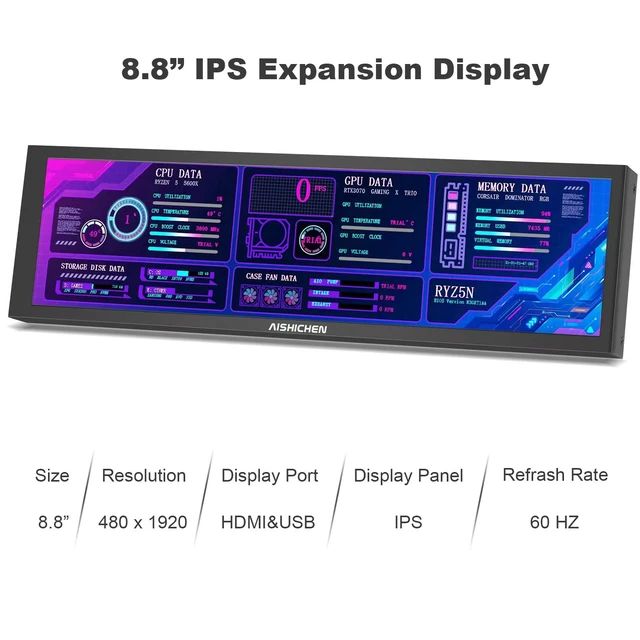 Alt view image 3 of 7 - 8.8 Inch LCD Display, Mini Monitor 1920x480 60Hz IPS Stretched Bar Monitor, PC Sensor Panel, AIDA64 Computer Temperature Secondary Screen with Mini HDMI & Adjustable Brightness