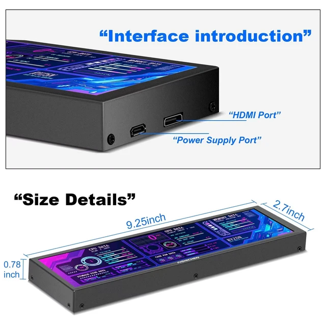 Alt view image 4 of 7 - 8.8 Inch LCD Display, Mini Monitor 1920x480 60Hz IPS Stretched Bar Monitor, PC Sensor Panel, AIDA64 Computer Temperature Secondary Screen with Mini HDMI & Adjustable Brightness
