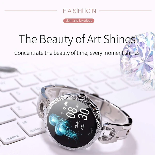 Alt view image 2 of 7 - Silver Smart Watch for WomenLadies Smart Bracelet with Diamonds Stainless Steel Wristband, Elegant Fitness Tracker Pedometer Calorie Sleep Tracking Full Touchscreen for iOS Android Phones