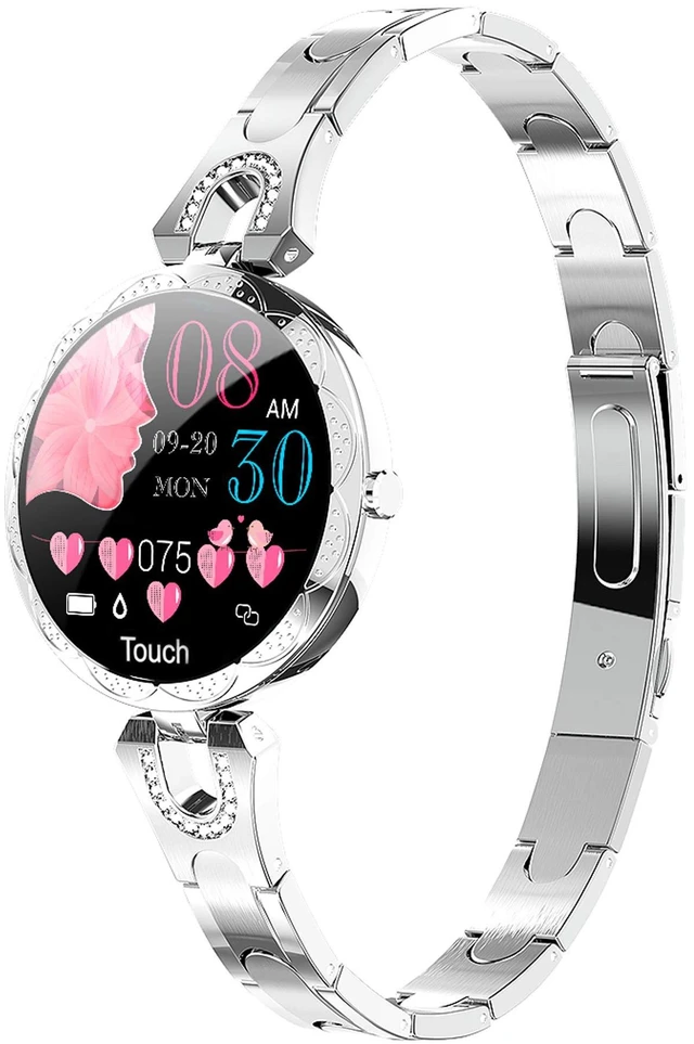 Main image of Silver Smart Watch for WomenLadies Smart Bracelet with Diamonds Stainless Steel Wristband, Elegant Fitness Tracker Pedometer Calorie Sleep Tracking Full Touchscreen for iOS Android Phones