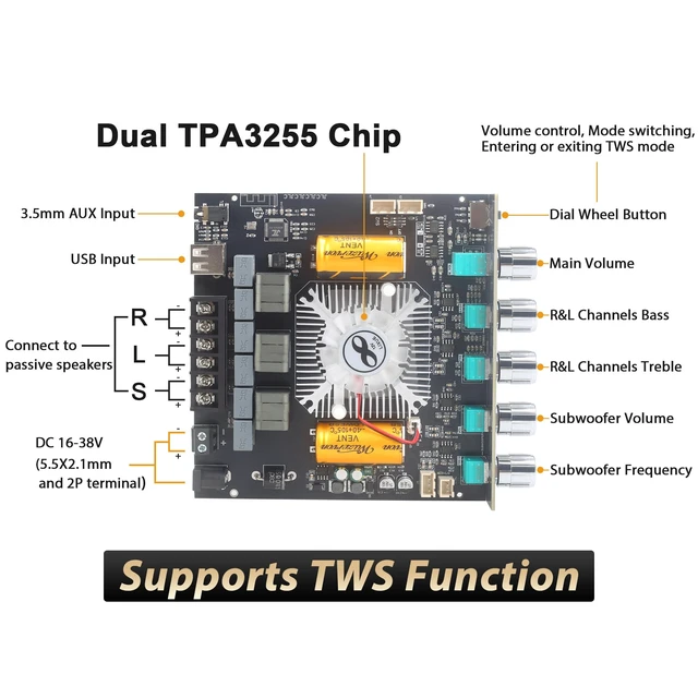 Alt view image 2 of 7 - ZK-AS21 2nd Gen 2.1 Channel Bluetooth Power Amplifier Board with TWS, 220W×2 + 350W, TPA3255 Chip, Vehicle Amp with Bluetooth/AUX/USB Inputs