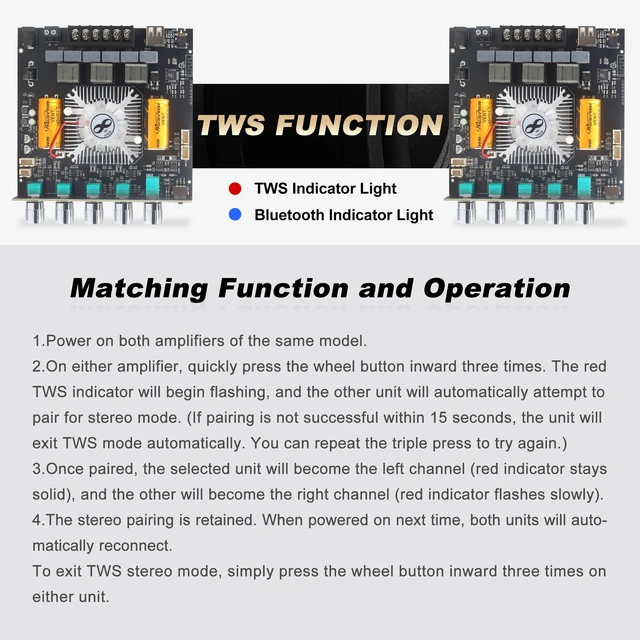 Alt view image 3 of 7 - ZK-AS21 2nd Gen 2.1 Channel Bluetooth Power Amplifier Board with TWS, 220W×2 + 350W, TPA3255 Chip, Vehicle Amp with Bluetooth/AUX/USB Inputs