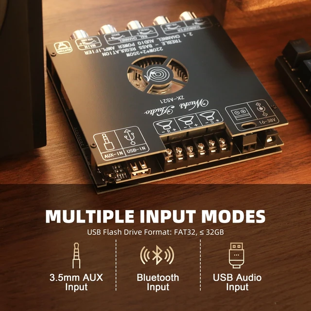 Alt view image 4 of 7 - ZK-AS21 2nd Gen 2.1 Channel Bluetooth Power Amplifier Board with TWS, 220W×2 + 350W, TPA3255 Chip, Vehicle Amp with Bluetooth/AUX/USB Inputs