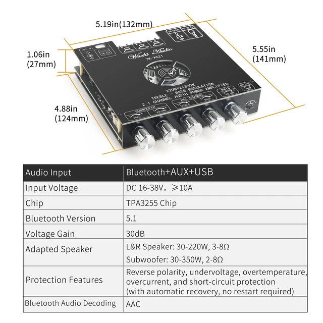 Alt view image 6 of 7 - ZK-AS21 2nd Gen 2.1 Channel Bluetooth Power Amplifier Board with TWS, 220W×2 + 350W, TPA3255 Chip, Vehicle Amp with Bluetooth/AUX/USB Inputs
