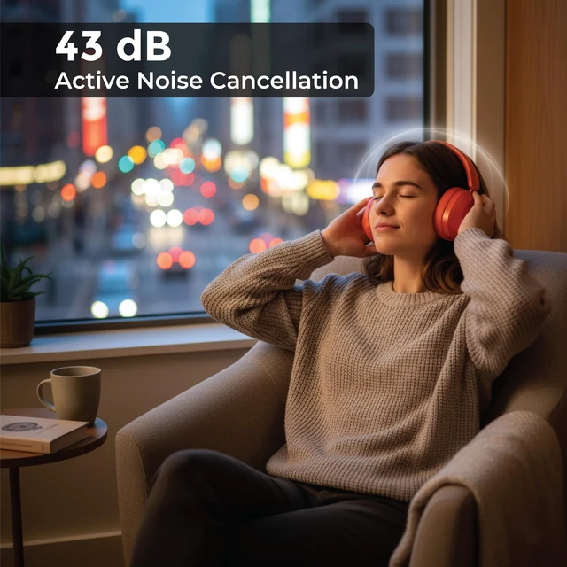 Alt view image 5 of 7 - Headphones Wireless Headset with Deep Bass, 43dB Active Noise Cancelling Headphones for Adults, Wireless Headphones with 70H Battery, Fast Charging, Low-Latency Audio, Over-Ear Design (Orange)