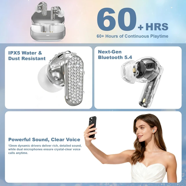 Alt view image 6 of 7 - Jewelry Wireless Headphones for Women, Luxury Bluetooth Earbuds with Active Noise Cancellation Bluetooth 5.4 in-Ear Fashion Earring Long Battery Life Gift for Wife Girlfriend (Silver-new)