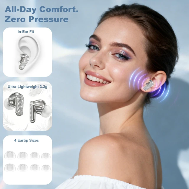 Alt view image 7 of 7 - Jewelry Wireless Headphones for Women, Luxury Bluetooth Earbuds with Active Noise Cancellation Bluetooth 5.4 in-Ear Fashion Earring Long Battery Life Gift for Wife Girlfriend (Silver-new)