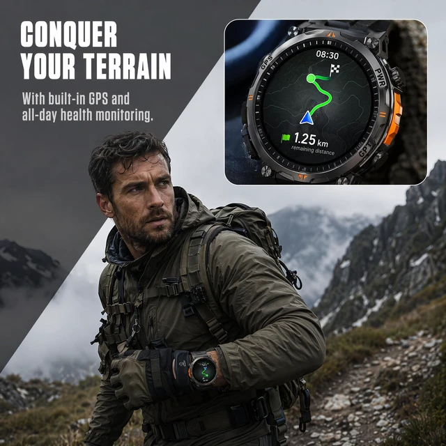 Alt view image 6 of 7 - GPS Military Smart Watches for Men, 1.56" AMOLED Screen Bluetooth Call, Smartwatch for Android Phones and iPhone, 100+ Sport Modes, 3ATM Waterproof Smart Watch with Compass