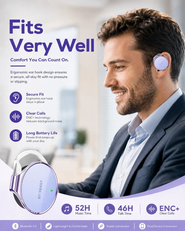 Alt view image 5 of 7 - On Ear Headphones Bluetooth 5.4, Noise Cancelling Open Ear Headphones Wireless, Water-Drop Shaped Clip On Sport Headset Bluetooth with 4 Microphone, Comfort Fit Earphones with Long Battery Life