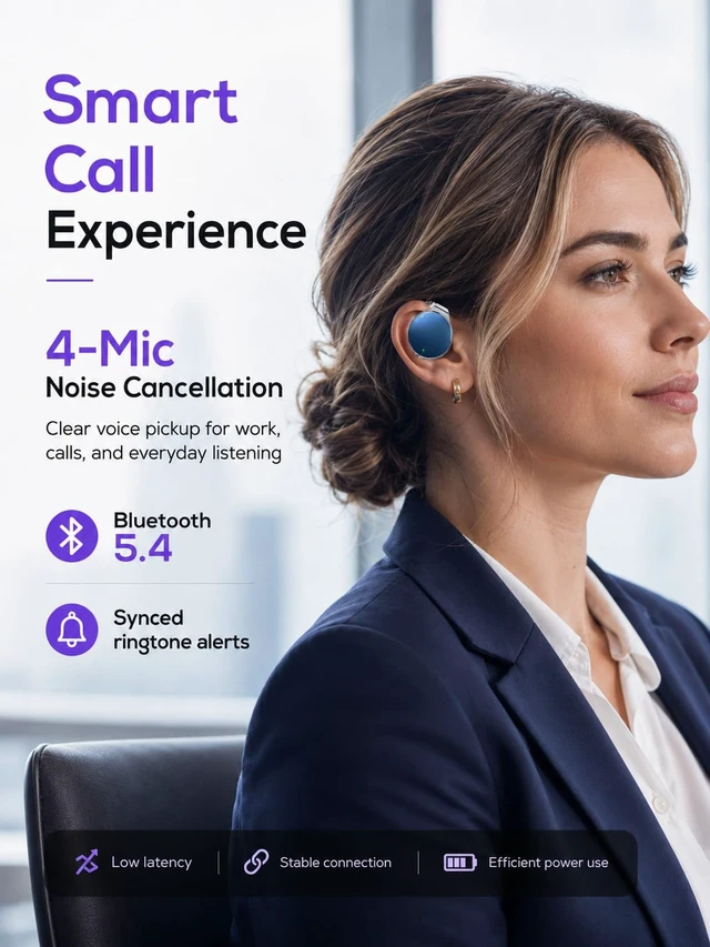 Alt view image 6 of 7 - On Ear Headphones Bluetooth 5.4, Noise Cancelling Open Ear Headphones Wireless, Water-Drop Shaped Clip On Sport Headset Bluetooth with 4 Microphone, Comfort Fit Earphones with Long Battery Life