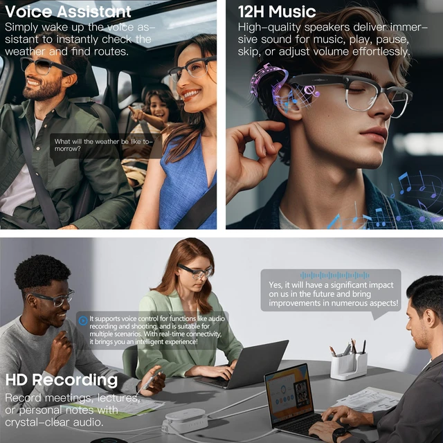 Alt view image 6 of 7 - AI Smart Glasses with 8MP Camera 1080P HD Video & 4K Photo, Audio Recording Sunglasses with Real Time AI Translation, Open-Ear Audio, Voice Assistant, 290mAh Bluetooth Glasses for Men & Women