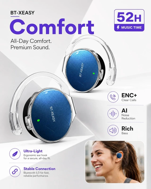 Alt view image 5 of 7 - On Ear Headphones Bluetooth 5.4, Noise Cancelling Open Ear Headphones Wireless, Water-Drop Shaped Clip On Sport Headset Bluetooth with 4 Microphone, Comfort Fit Earphones with Long Battery Life