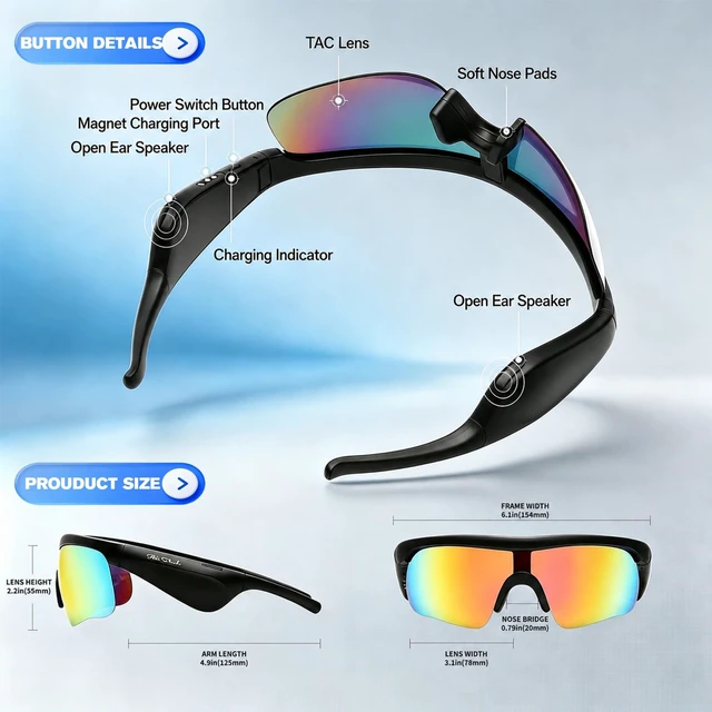 Alt view image 6 of 7 - Bluetooth Sunglasses, Polarized UV400 Open-Ear Audio Glasses Smart Glasses, 8H Playtime, Hands-Free Calls, Music & Voice Control, 52g Lightweight TR90 Frame, IPX5 Waterproof Sport Fit