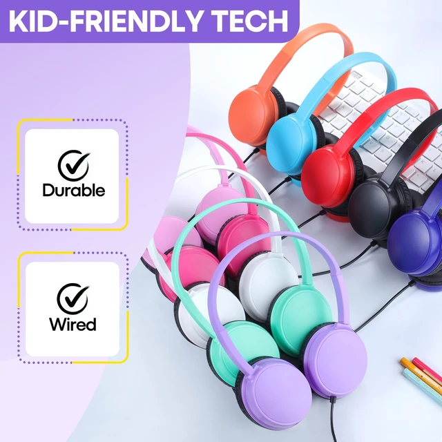 Alt view image 6 of 7 - 20 Pack Kids Wired Headphones for School Classroom, Durable On-Ear Headsets Bulk Set with 3.5mm Audio Jack for Chromebook, Tablet, Laptop, Classroom Supplies - Assorted Colors