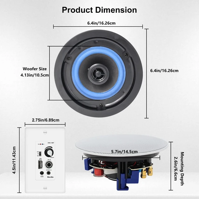 Alt view image 4 of 7 - 4 Inch Bluetooth Ceiling Speakers 160W Flush Mount in Wall Amplifier Receiver Suitable for Indoor Home & Covered Outdoor Porch (Pairs)