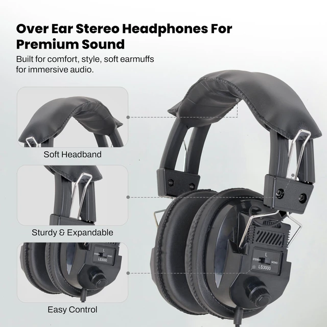 Alt view image 2 of 7 - Over-Ear Stereo Headphones Black Passive Noise Cancelling Wired Headset for Music, Gaming, Work, Travel Comfortable, Durable, Clear Stereo Sound Made in USA