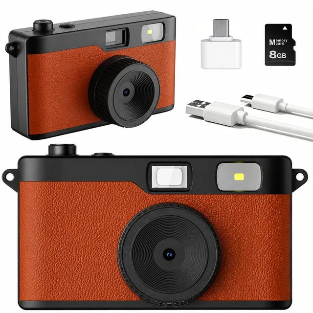 Main image of Screen-Free Digital Camera, Reusable 12MP Retro Camera for Summer Camp Screenless Digital Camera with Flash, OTG Photo Transfer, DIY Filters and 8GB Memory Card, for Travel and Parties (Brown)