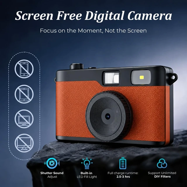 Alt view image 2 of 7 - Screen-Free Digital Camera, Reusable 12MP Retro Camera for Summer Camp Screenless Digital Camera with Flash, OTG Photo Transfer, DIY Filters and 8GB Memory Card, for Travel and Parties (Brown)