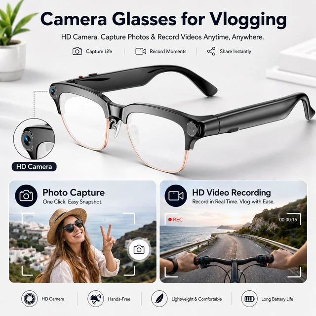 Alt view image 2 of 7 - AI Smart Glasses with Camera, 4K Video & 8MP Photo Capture (Rose Gold Half Real-Time Translation, AI Assistant, Object Recognition, Open-Ear Audio & Calls for Travel, Vlogging & Business