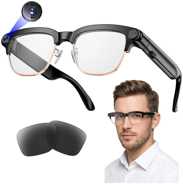 Main image of AI Smart Glasses with Camera, 4K Video & 8MP Photo Capture (Rose Gold Half Real-Time Translation, AI Assistant, Object Recognition, Open-Ear Audio & Calls for Travel, Vlogging & Business