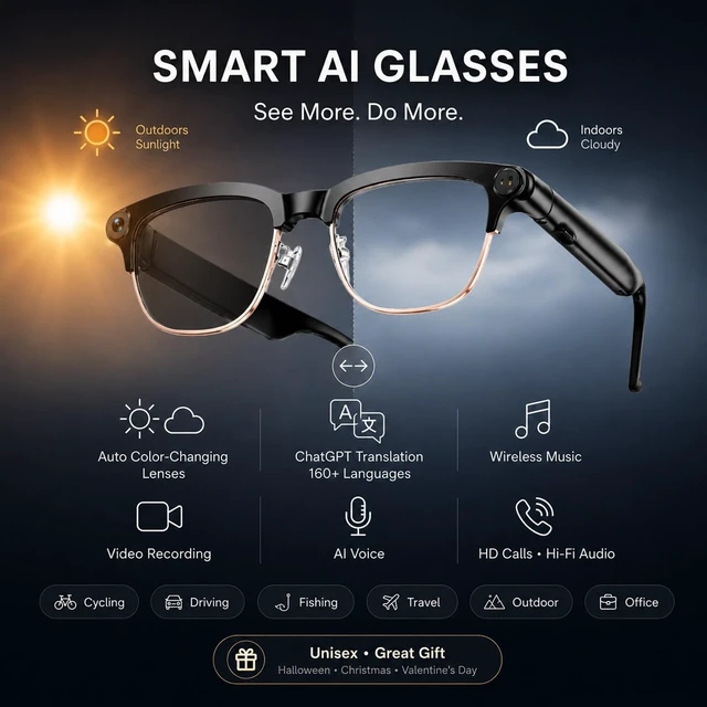 Alt view image 3 of 7 - AI Smart Glasses with Camera, 4K Video & 8MP Photo Capture (Rose Gold Half Real-Time Translation, AI Assistant, Object Recognition, Open-Ear Audio & Calls for Travel, Vlogging & Business