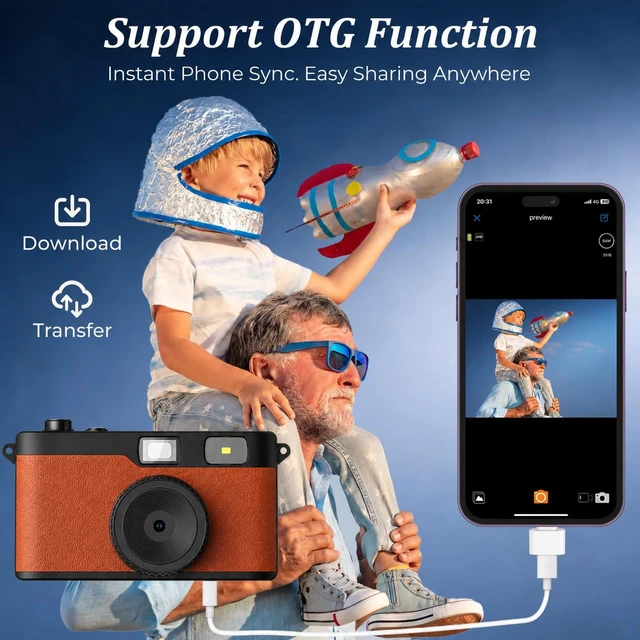 Alt view image 4 of 7 - Screen-Free Digital Camera, Reusable 12MP Retro Camera for Summer Camp Screenless Digital Camera with Flash, OTG Photo Transfer, DIY Filters and 8GB Memory Card, for Travel and Parties (Brown)