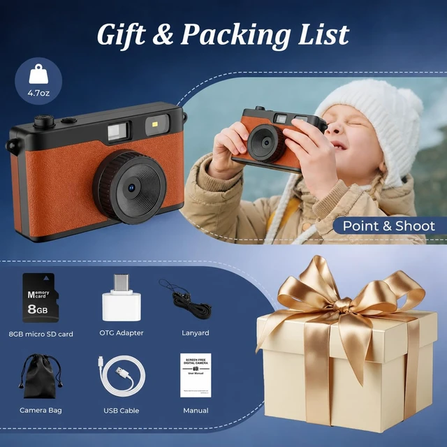Alt view image 7 of 7 - Screen-Free Digital Camera, Reusable 12MP Retro Camera for Summer Camp Screenless Digital Camera with Flash, OTG Photo Transfer, DIY Filters and 8GB Memory Card, for Travel and Parties (Brown)