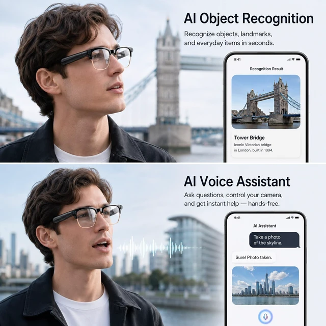 Alt view image 4 of 7 - AI Smart Glasses with Camera, 4K Video & 8MP Photo Capture (Rose Gold Half Real-Time Translation, AI Assistant, Object Recognition, Open-Ear Audio & Calls for Travel, Vlogging & Business