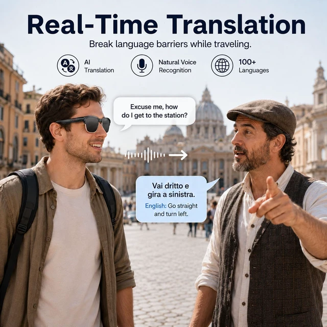 Alt view image 5 of 7 - AI Smart Glasses with Camera, 4K Video & 8MP Photo Capture (Rose Gold Half Real-Time Translation, AI Assistant, Object Recognition, Open-Ear Audio & Calls for Travel, Vlogging & Business