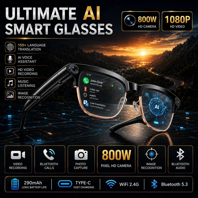 Alt view image 6 of 7 - AI Smart Glasses with Camera, 4K Video & 8MP Photo Capture (Rose Gold Half Real-Time Translation, AI Assistant, Object Recognition, Open-Ear Audio & Calls for Travel, Vlogging & Business