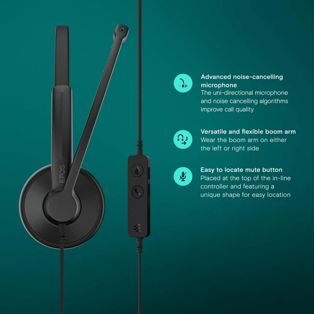 Alt view image 3 of 7 - Impact 100 UC Stereo USB-C+A Headset with Microphone, Universal Communications, Noise-Cancelling Mic, Lightweight, Call Control, USB Adapter, Soft Earpads, Professional Business Use