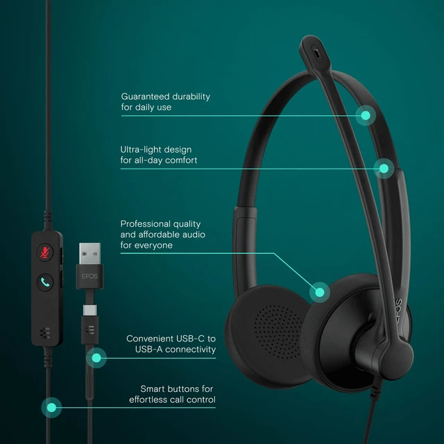 Alt view image 2 of 7 - Impact 100 UC Stereo USB-C+A Headset with Microphone, Universal Communications, Noise-Cancelling Mic, Lightweight, Call Control, USB Adapter, Soft Earpads, Professional Business Use