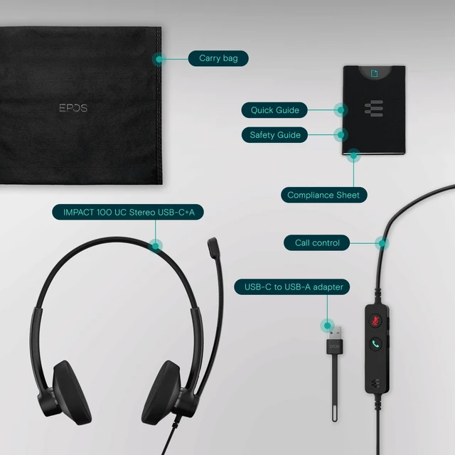 Alt view image 5 of 7 - Impact 100 UC Stereo USB-C+A Headset with Microphone, Universal Communications, Noise-Cancelling Mic, Lightweight, Call Control, USB Adapter, Soft Earpads, Professional Business Use