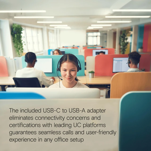 Alt view image 7 of 7 - Impact 100 UC Stereo USB-C+A Headset with Microphone, Universal Communications, Noise-Cancelling Mic, Lightweight, Call Control, USB Adapter, Soft Earpads, Professional Business Use