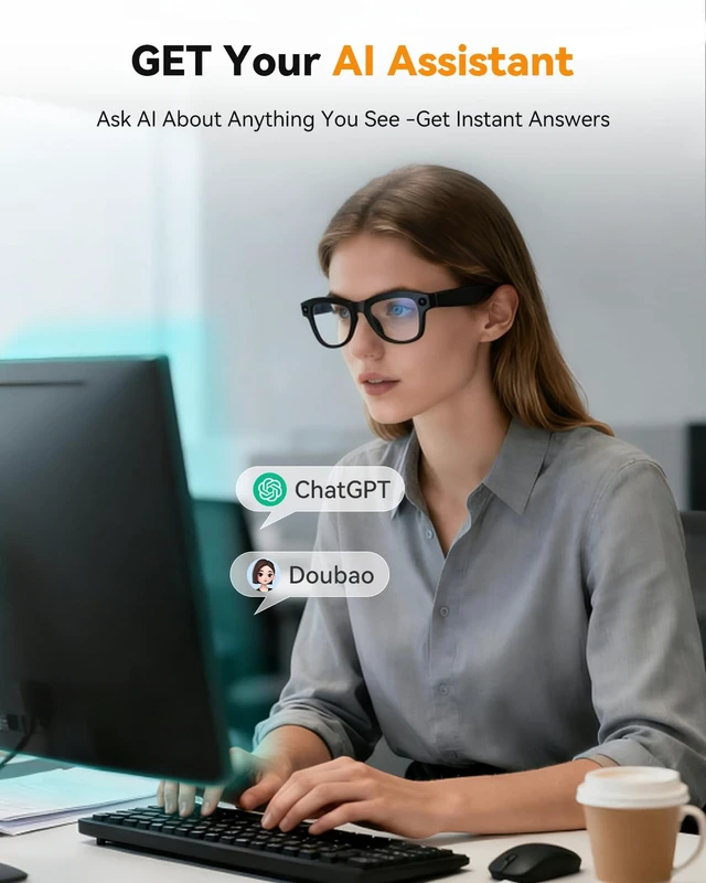 Alt view image 2 of 7 - AI Smart Glasses with Camera, Translation, Video Audio Recording,Music AI ChatGPT, Noise Canceling, Blue Light Lenses for Women Men (Traval Business)