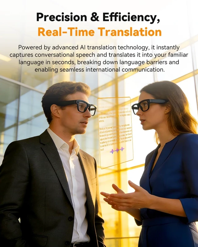Alt view image 3 of 7 - AI Smart Glasses with Camera, Translation, Video Audio Recording,Music AI ChatGPT, Noise Canceling, Blue Light Lenses for Women Men (Traval Business)