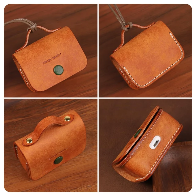Alt view image 6 of 7 - Handmade Cowhide Suitable for AirPods Pro 3 Protective Case, Full Grain Leather, Minimalist Design, with Lanyard Compatible(Golden Brown)