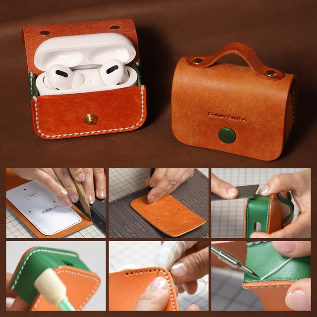 Alt view image 4 of 7 - Handmade Cowhide Headphone case Suitable for AirPods Pro 3 Leather Case, Full Grain Leather, Minimalist Design, with Lanyard Compatible (Orange+Green)