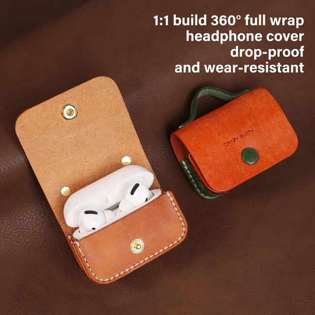 Alt view image 6 of 7 - Handmade Cowhide Headphone case Suitable for AirPods Pro 3 Leather Case, Full Grain Leather, Minimalist Design, with Lanyard Compatible (Orange+Green)